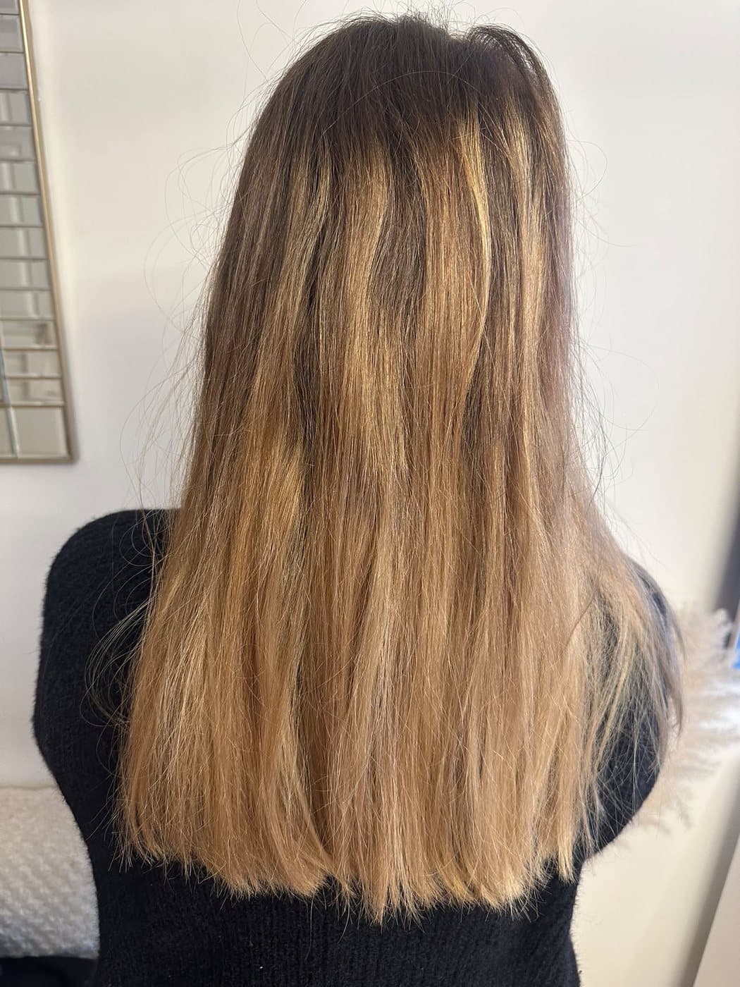 Cheveux avant le lissage : longueurs gonflées et frisottis